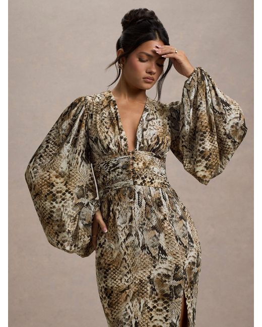 Club L London Natural Casarile V-Neck Balloon Sleeve Maxi Dress