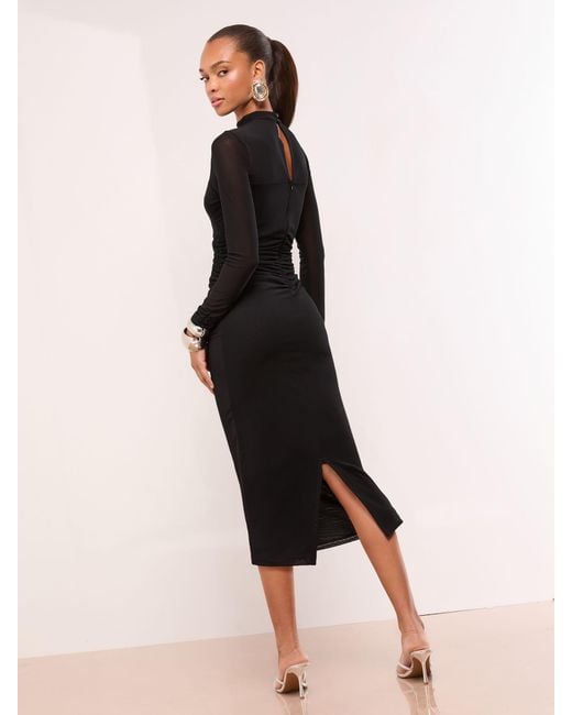 Lipsy Petite Mesh Insert Long Sleeve Midi Bodycon Dress in Black
