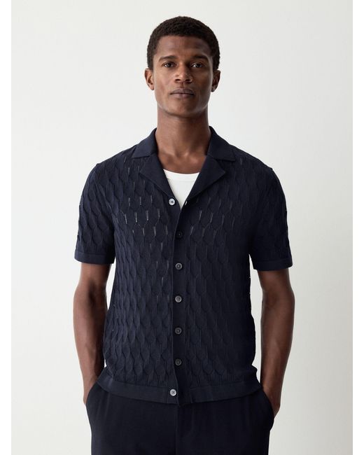 Next Blue Regular Fit 100% Cotton Short Sleeve Cuban Collar Knit Pointelle Shirt for men