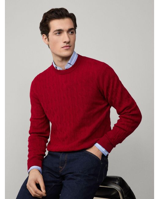 Hackett Red Lambswool Cable Crew Neck Jumper for men