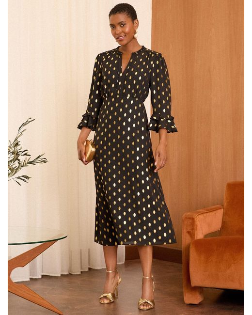 Love & Roses Brown Dash Foil Flute Sleeve Midi Dress