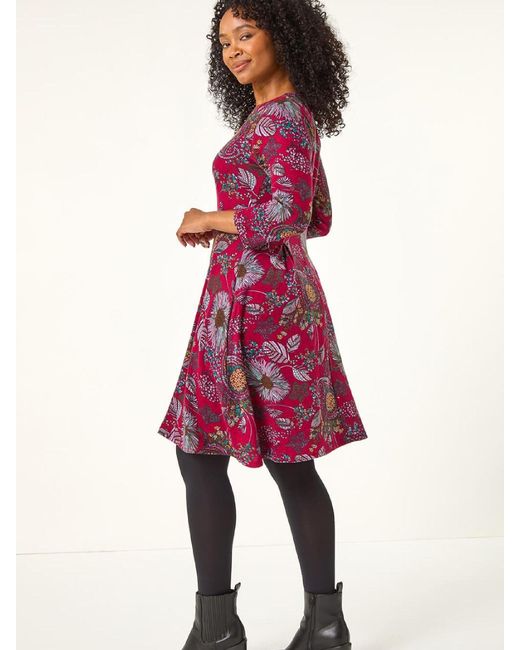 Roman Purple Petite Floral Print A-Line Stretch Dress