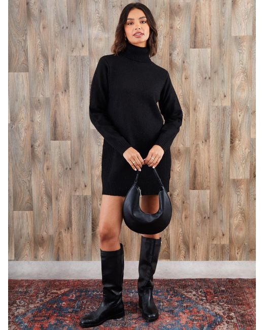 Threadbare Black Roll Neck Knitted Mini Dress