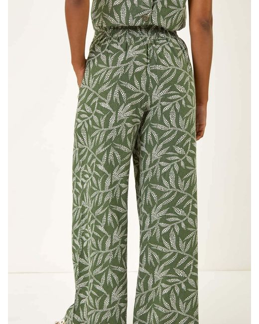 Roman Green Leaf Print Linen Mix Wide Leg Trousers