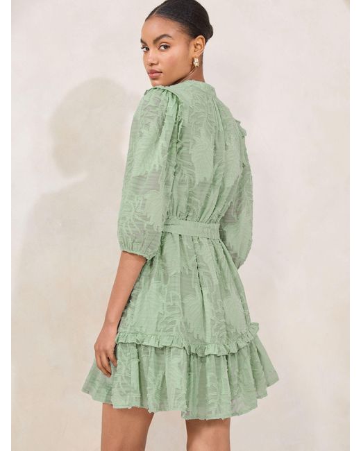 Lipsy Green Textured Burnout 3/4 Sleeve Belted Mini Shirt Dress