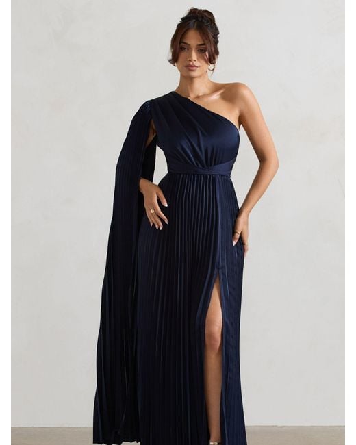 Club L London Blue My Vision Plisse Asymmetric Split Maxi Dress With Cape Sleeve