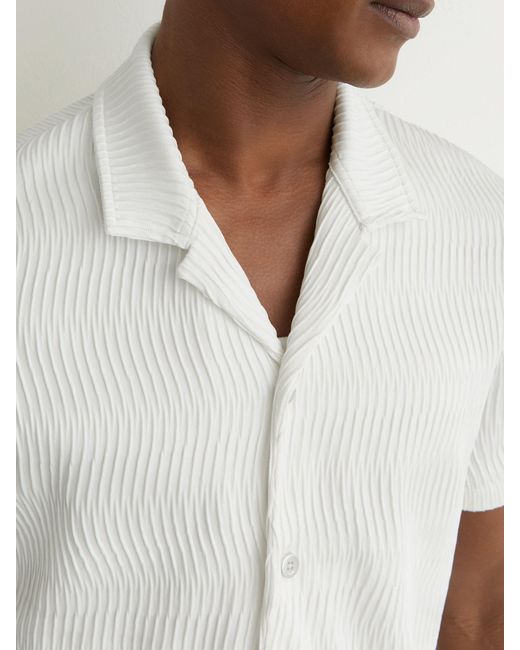 Reiss White Textured-Wave Cuban-Collar Shirt for men