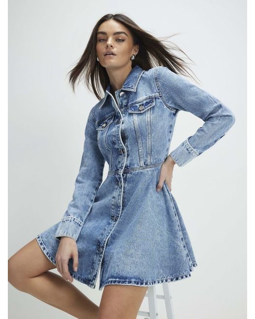 river island denim seamed mini dress Blue Denim Long Sleeve Seamed Mini Dress