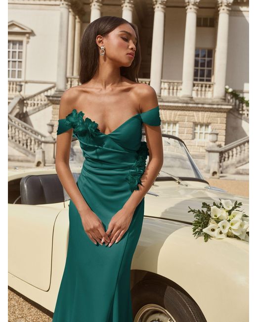 Lipsy Metallic Bardot 3D Floral Trim Bridesmaid Dress