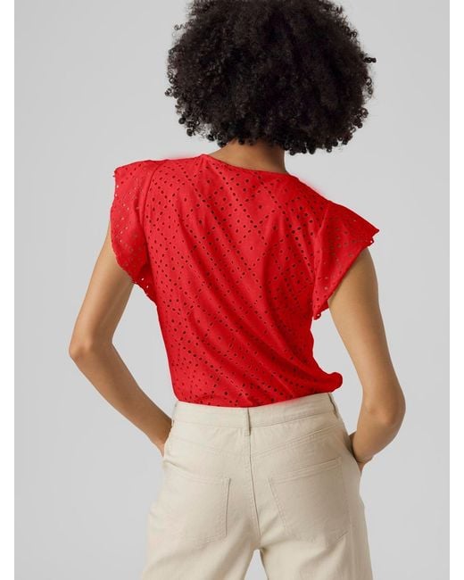 Vero Moda Red Broderie Short Sleeve T-Shirt