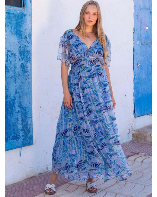 South Beach Blue Printed Metallic Chiffon Button Detail Maxi Dress