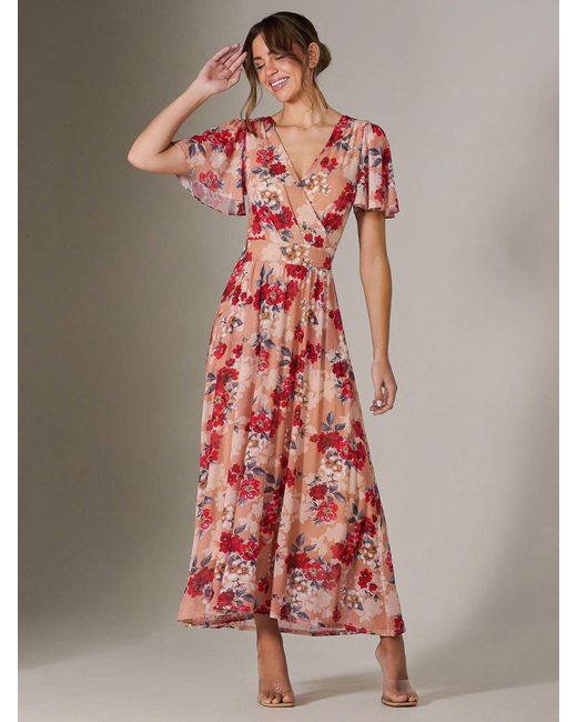 Jolie Moi Red Floral Print Mesh Wrap Maxi Dress
