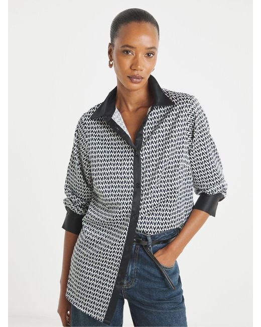 JD Williams Blue Mono Print Long Sleeve Satin Shirt