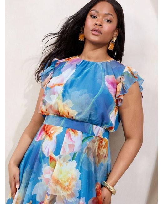 Lipsy Blue Curve Floral Printed Frill Sleeve Fit And Flare Midi Dress