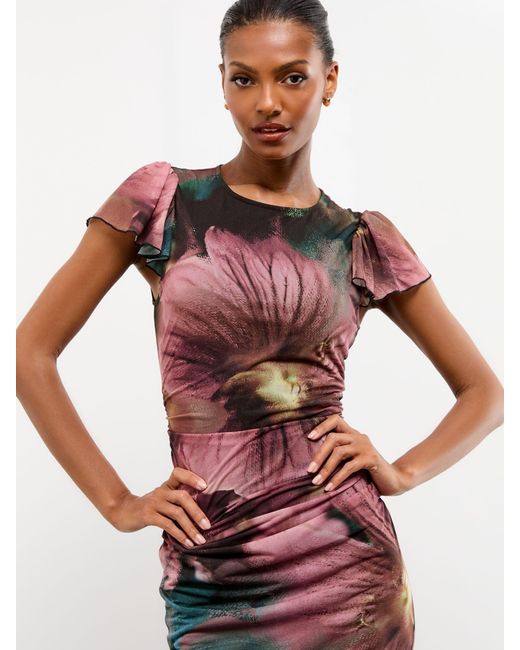 Lipsy White Petite Mesh Ruched Detail Flutter Sleeve Midi Dress