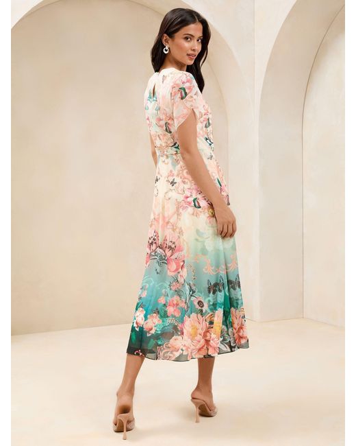 Lipsy Green Ombre Floral Print Tulip Sleeve Fit And Flare Midi Dress