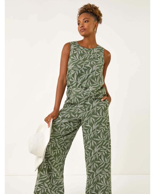 Roman Green Leaf Print Linen Mix Wide Leg Trousers