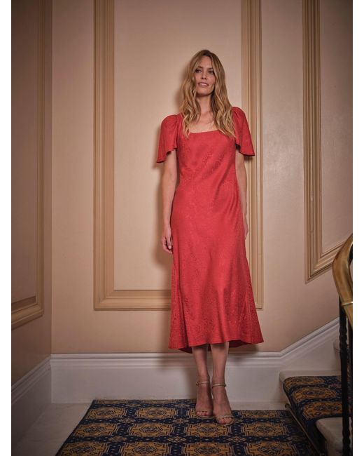 FatFace Red Fatface Luna Petite Square Neck Jacquard Midi Dress