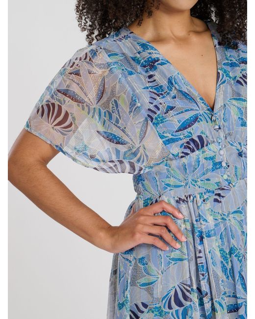 South Beach Blue Printed Metallic Chiffon Button Detail Maxi Dress