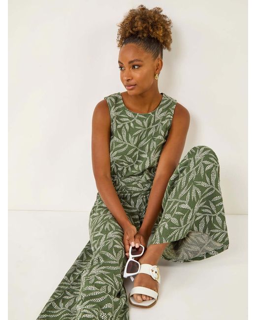 Roman Green Leaf Print Linen Mix Wide Leg Trousers