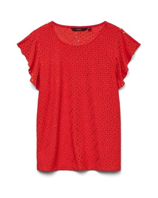 Vero Moda Red Broderie Short Sleeve T-Shirt