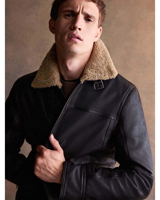 Next Black Shearling Collar Leather Jacket for men