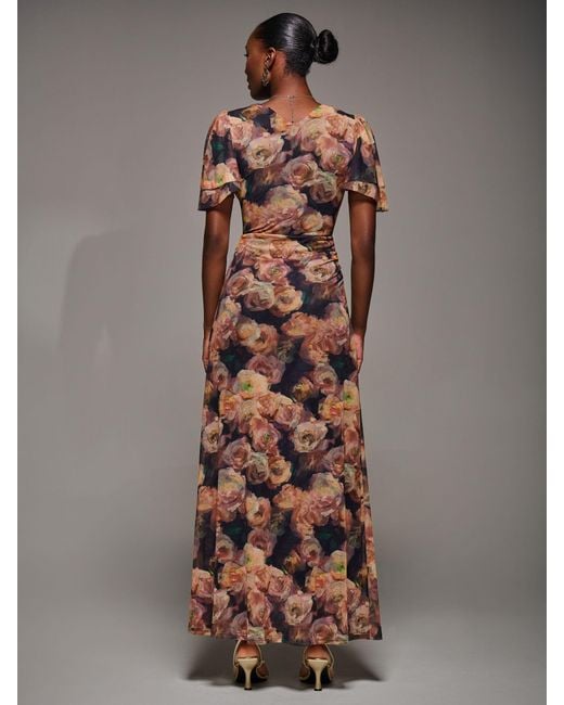 Jolie Moi Brown Angel Sleeve Draped Mesh Maxi Dress