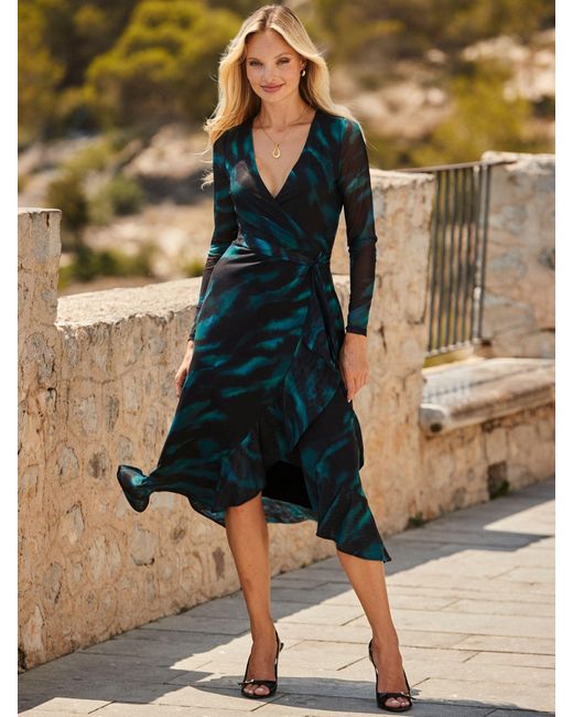 Sosandar Women's Blue Watercolor Faux Wrap Dress Sosandar Women's Blue Watercolor Faux Wrap Dress
