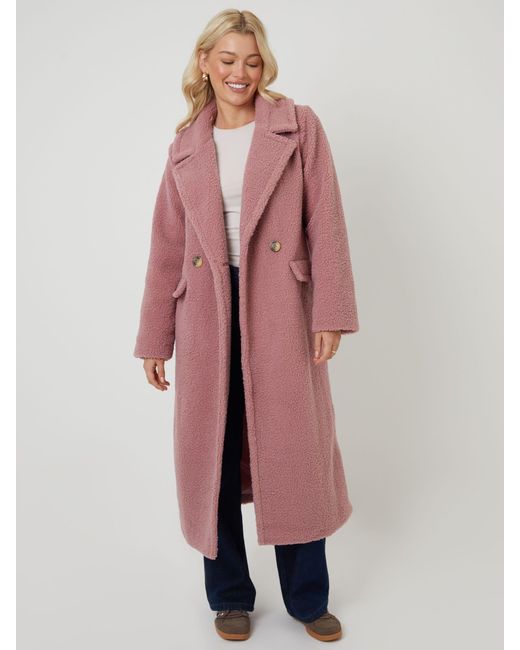 Threadbare Pink Longline Double Breasted Borg Coat