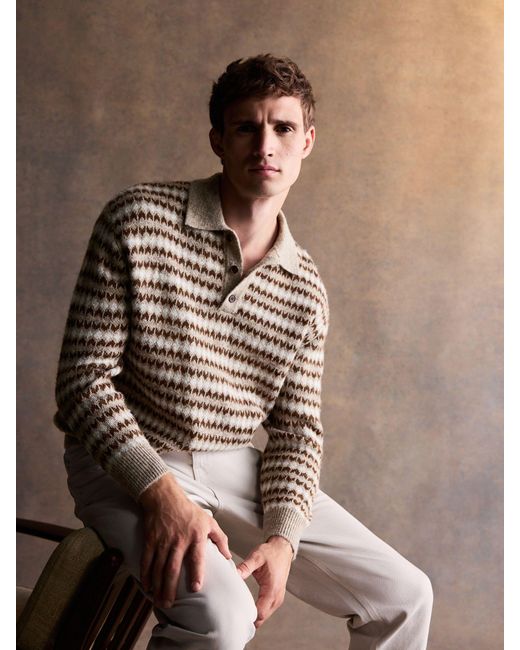 Next Natural Regular Fit Fairisle Stripe Long Sleeve Knit Polo Shirt With Wool for men