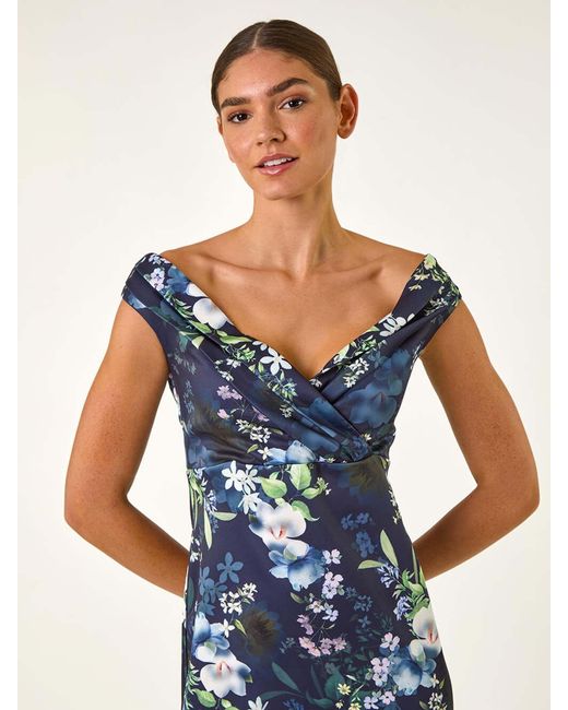 Roman Blue Floral Print Bardot Stretch Midi Dress
