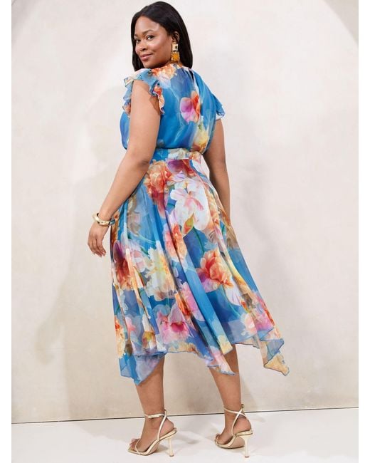Lipsy Blue Curve Floral Printed Frill Sleeve Fit And Flare Midi Dress
