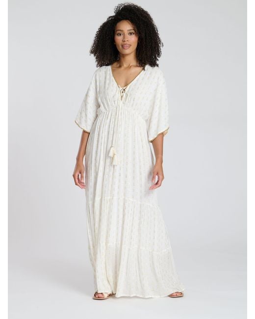 South Beach White Metallic Jacquard Spot Tiered Maxi Dress