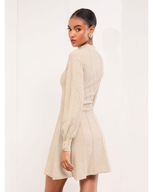 Lipsy Mini Diamond Knitted Long Sleeve Dress in Natural | Lyst