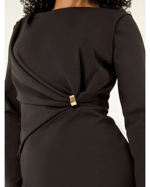 Roman Black Petite Gathered Stretch Midi Dress