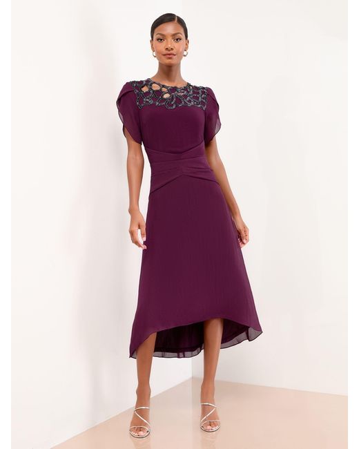 Lipsy Women's Purple Embellished Cut Out Short Sleeve Pleated Fit And Flare Midi  Dress