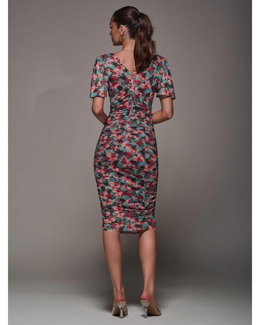 Jolie Moi Gray Angel Sleeved Floral Mesh Bodycon Dress