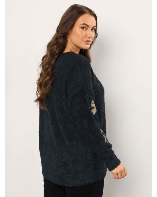 Evans Black Fluffy Sequin Bow Jumper