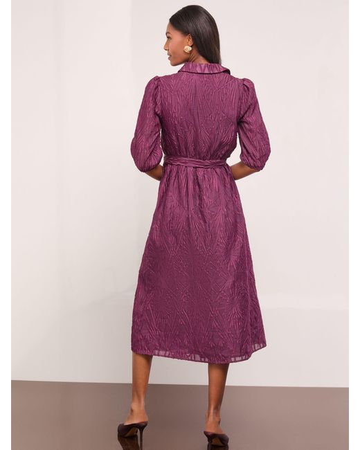 Lipsy Purple Fit And Flare Textured 3/4 Sleeve Button Through Midi Shirt Dress