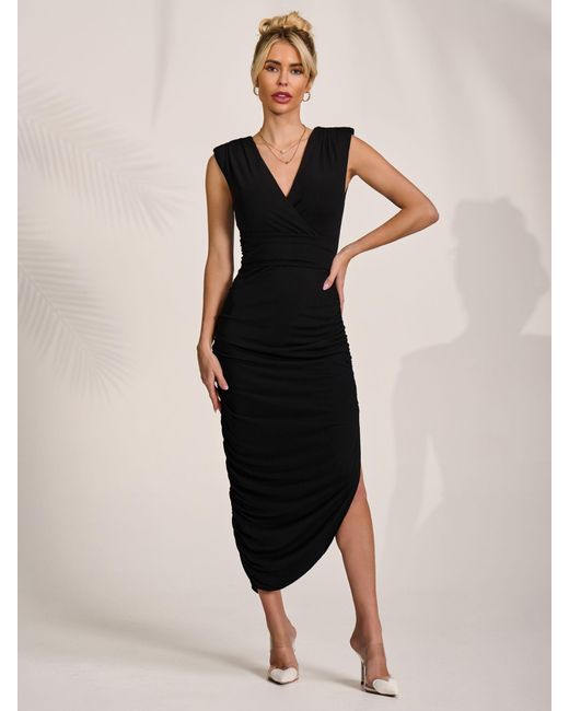 Jolie Moi Abstract Ruched Asymmetric Bodycon Dress in Black | Lyst
