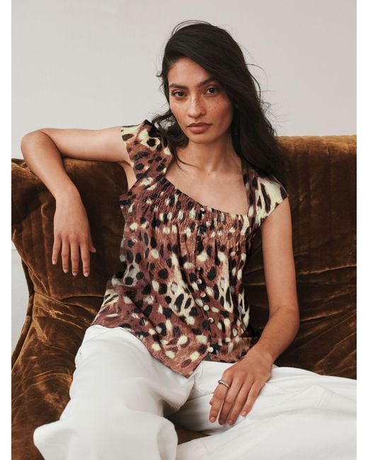 Next Brown Flutter Sleeve Button Front Top With Linen