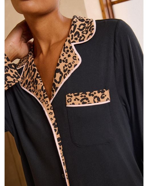 Love & Roses Black Leopard Tipped Jersey Button Through Pyjamas Set