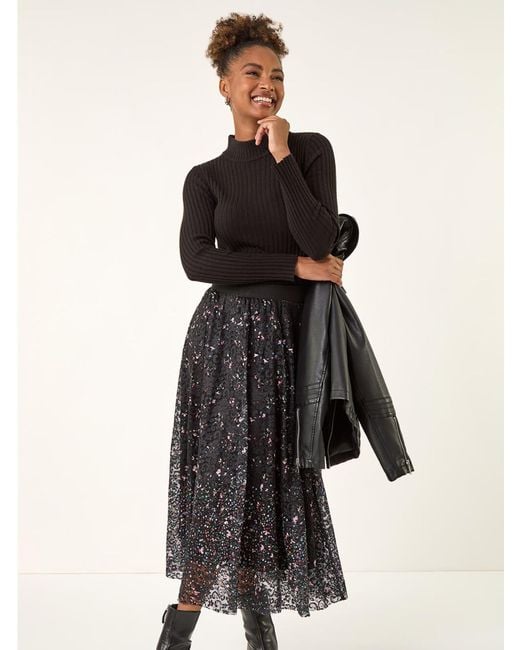 Roman Black Printed Lace Overlay Skirt