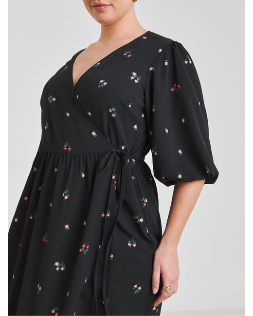 Simply Be Black Puff Sleeve Woven Wrap Midi Dress