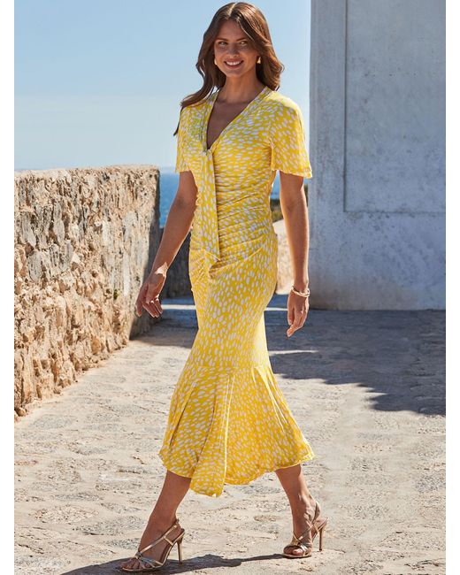 Sosandar Metallic Spot Print Ruchded Front Frill Hem Jersey Midaxi Dress