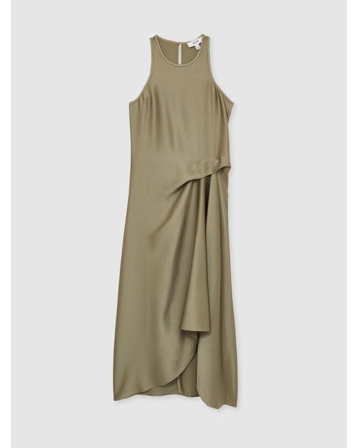 Reiss Green Satin Drape Tuck Midi Dress
