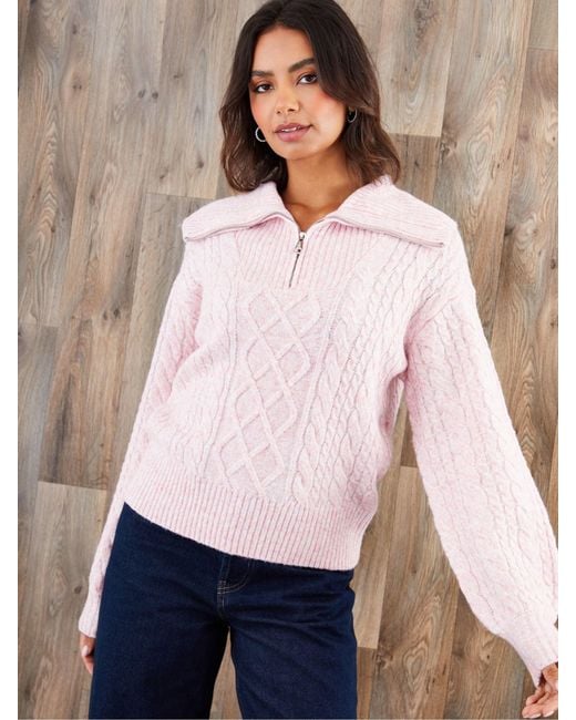 Threadbare Pink Cable Knit Quarter Zip Jumper