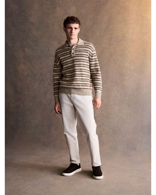 Next Natural Regular Fit Fairisle Stripe Long Sleeve Knit Polo Shirt With Wool for men