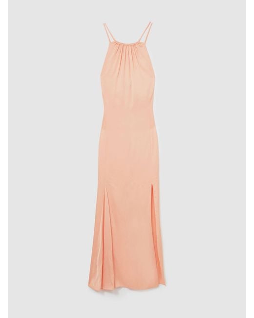 Reiss Brown Tallie - Peach Petite Satin Halterneck Maxi Dress, Us 10