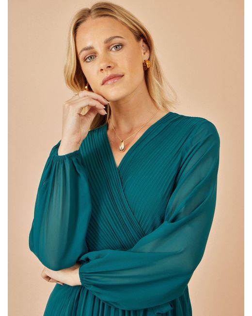 Yumi' Blue Pleated Wrap Midi Dress With Sheer Long Sleeves